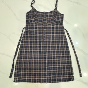 Brandy Melville Navy and Cream Plaid Mini Dress